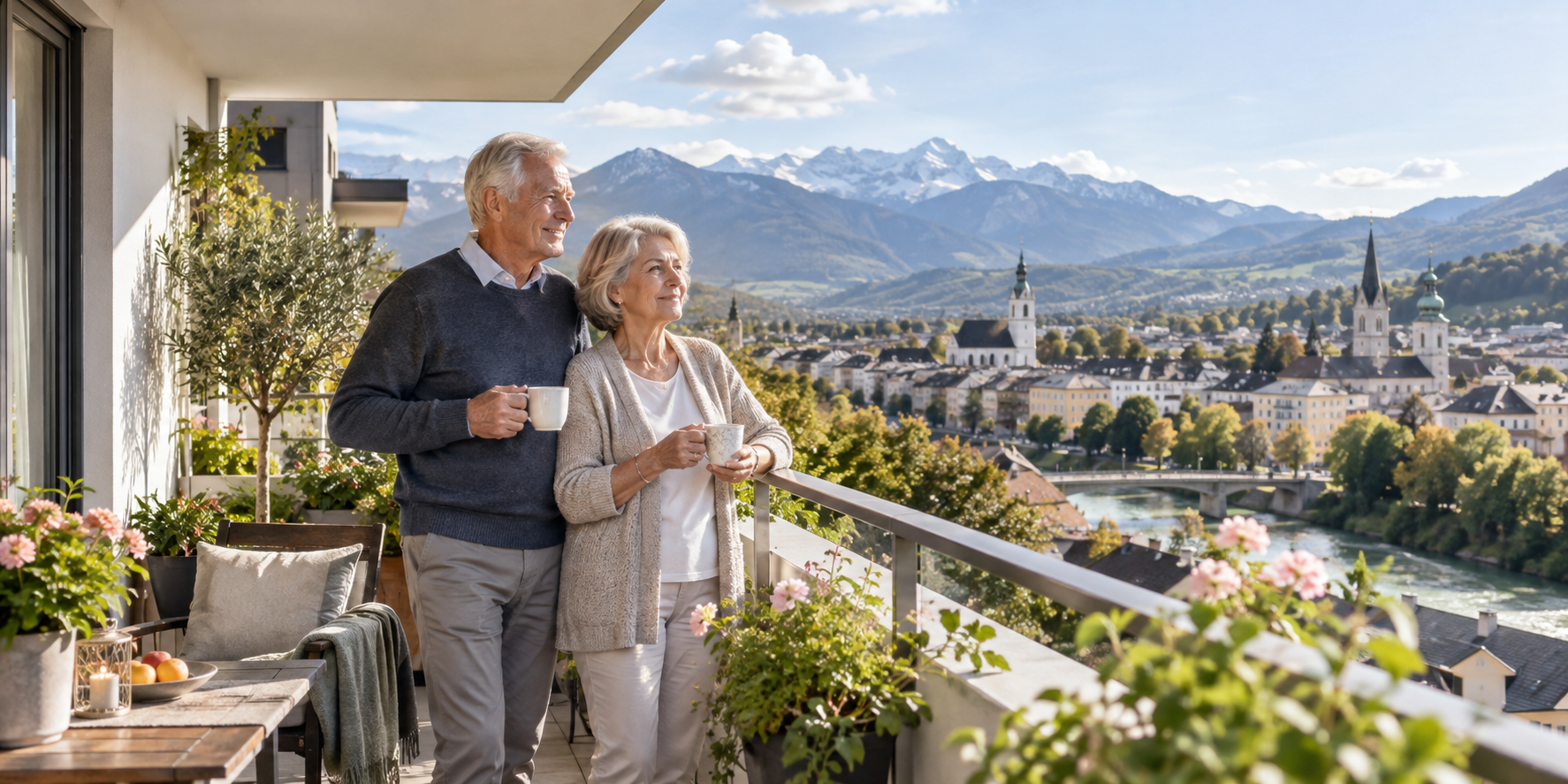 Älteres Paar auf einem Balkon mit österreichischem Landschaftsblick