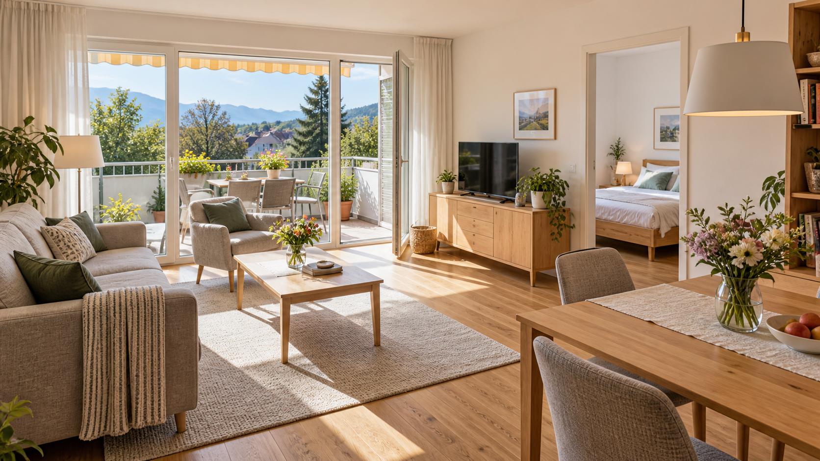 Helle übersichtliche Wohnung mit Balkon und natürlichen Materialien